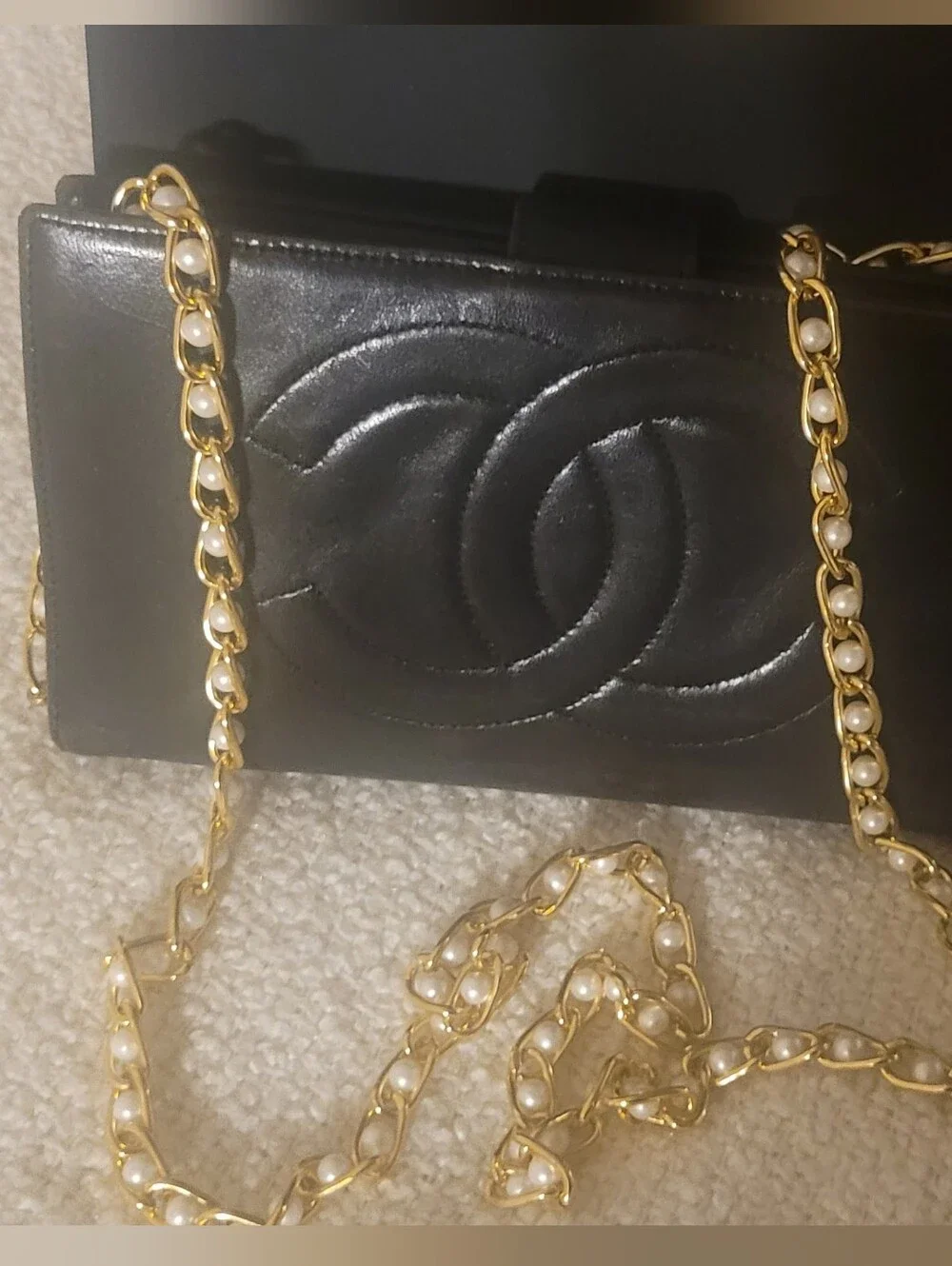 CHANEL Black Quilted Leather Wallet with Unbranded Pearl-Embellished Chain